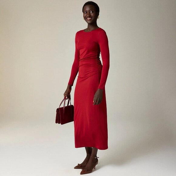 J Crew Womens Dress Sz XS Sangria Red Long Sleeve Jersey Crepe Midi Minimalist - Picture 2 of 5